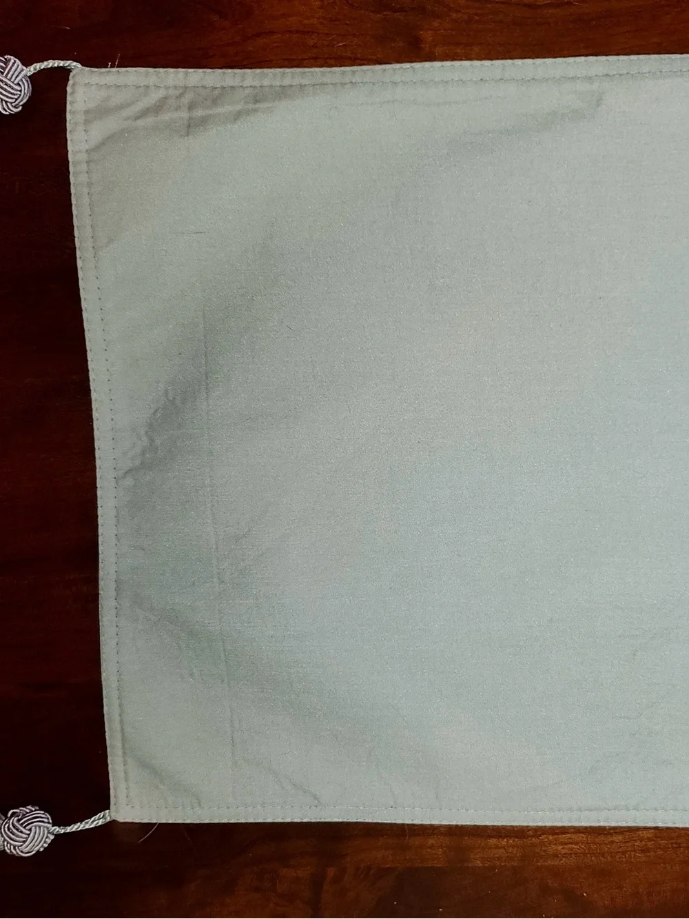 Elegant Soft Green 70” Table Runner with Silver Medallions & 5.5” Tassels